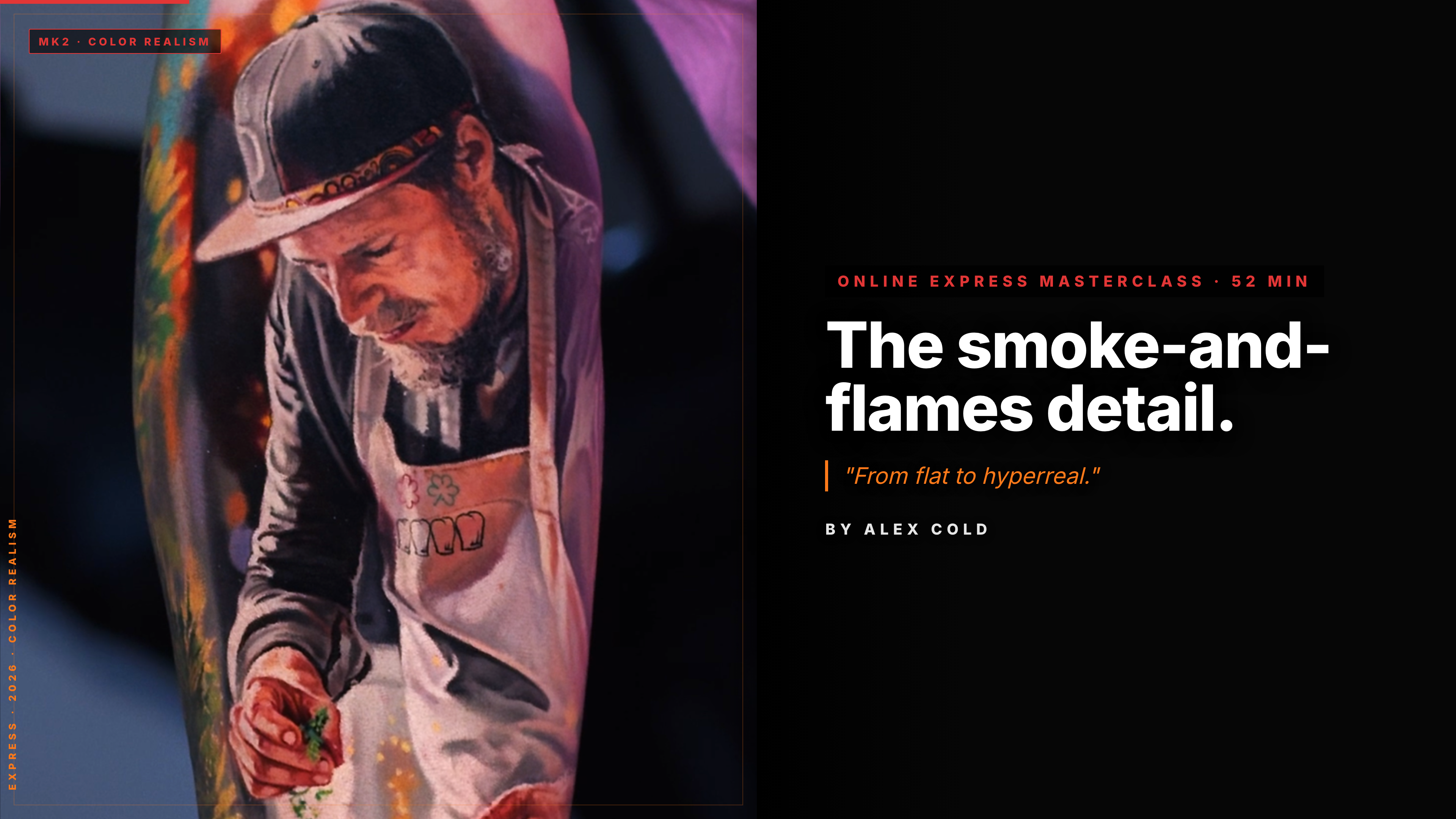 Sparks and Warm Glow That Hold on Skin for Years — online tattoo masterclass, express masterclass · 52 min · color realism tattoo training by Alex Cold